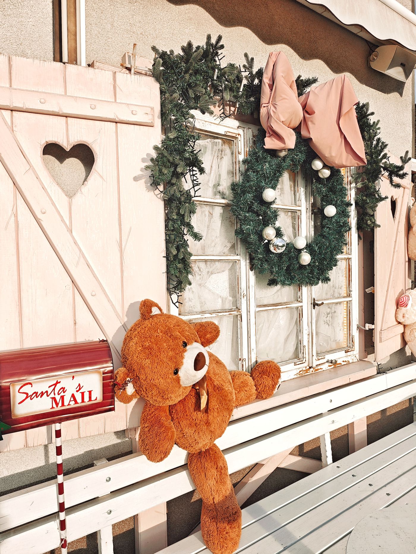 Festive wreaths, decorations and the Santa postbox at the Orchard Nurseries grotto
