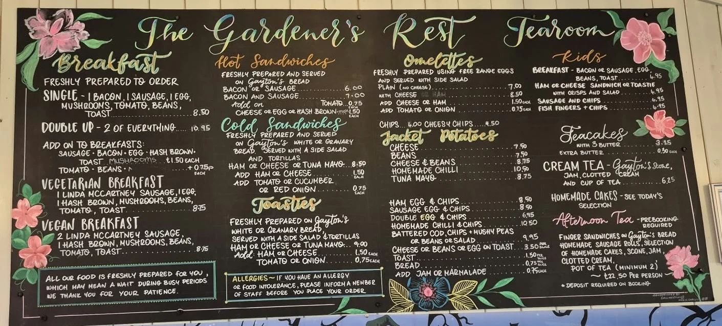 The hand drawn chalkboard menu inside the Gardeners Rest Tearooms at Orchard Nurseries