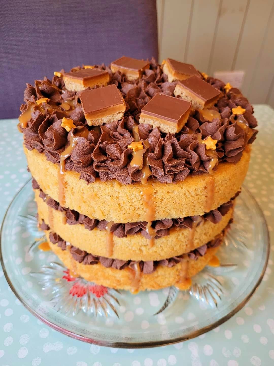 Chocolate topped layer cake from the counter